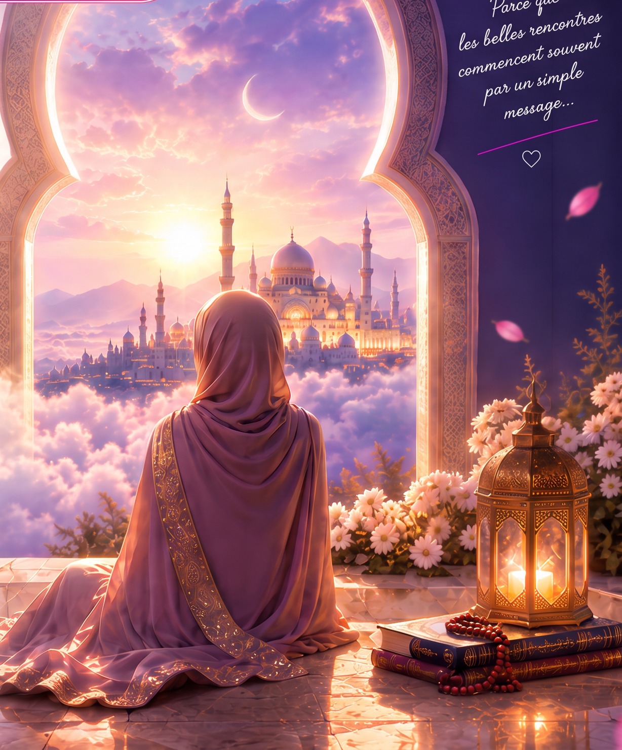 Illustration orientale : une femme contemplant une ville lumineuse à travers une arche